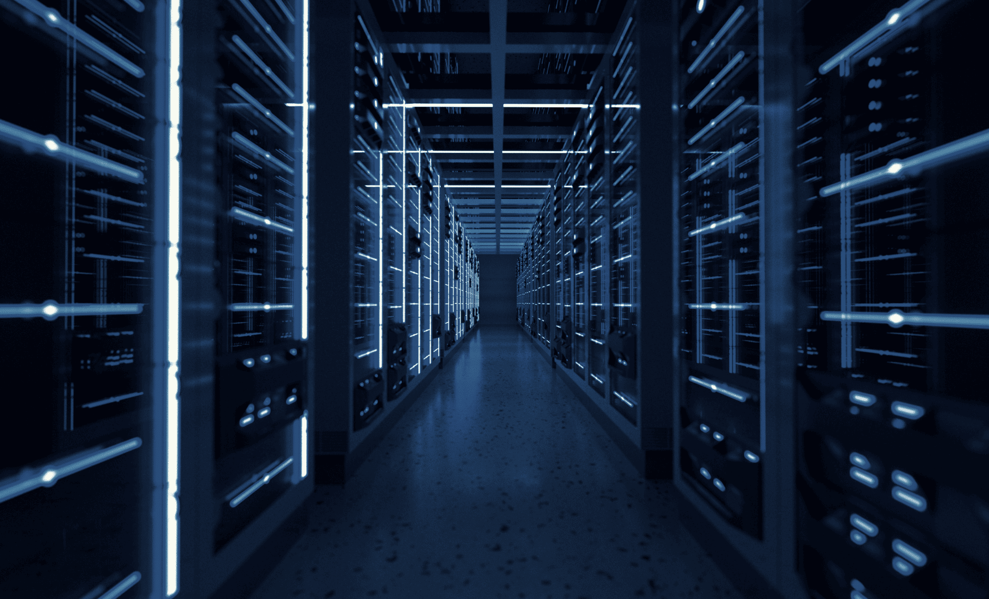 Long neon-lit data center corridor with rows of rack-mounted servers on both sides in blue lighting