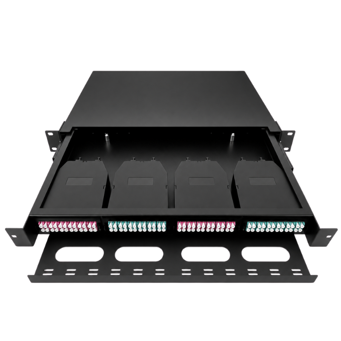High-density fiber optic patch panel with four modular trays and pink/teal connector blocks in a rack enclosure.