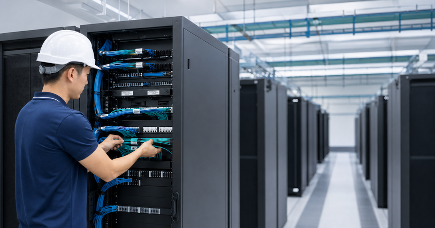 Technician wearing a hard hat working inside a server rack in a data center at the row of cabinets.